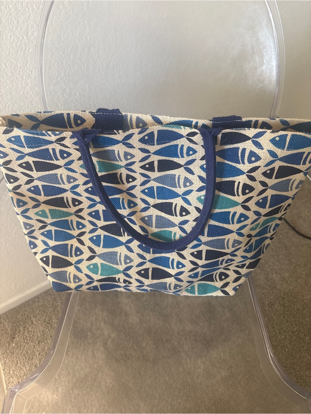 Two's Company Blue Aqua Fish-Print Canvas Tote